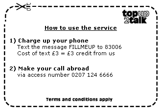 Low cost international calls - Text FILLMEUP to 83006